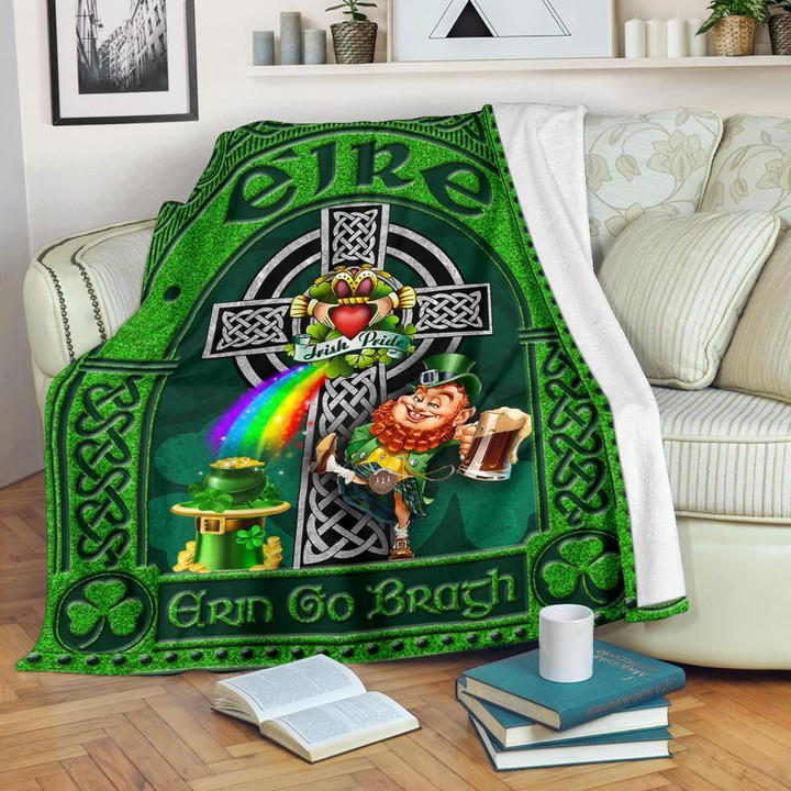 Ireland St. Patrick's Day Premium Blanket - Leprechaun with Celtic Claddagh Ring Cross