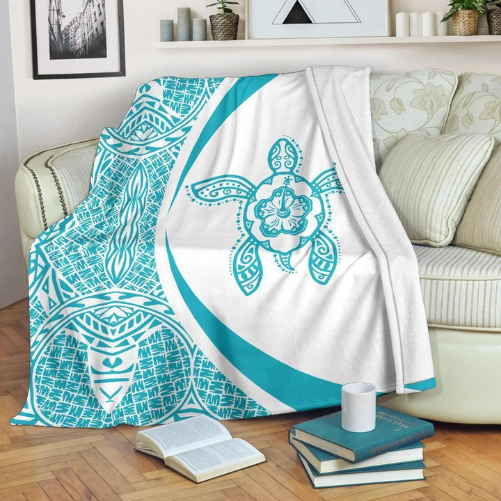 Polynesian Tribal Premium Blanket - Circle Style Blue And White - J7