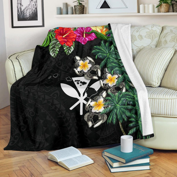 Kanaka Maoli (Hawaiian) Premium Blanket - Hibiscus Turtle Tattoo Black