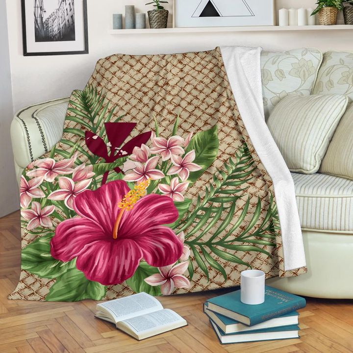 Kanaka Maoli (Hawaiian) Premium Blanket - Lauhala Hibiscus And Plumeria 4