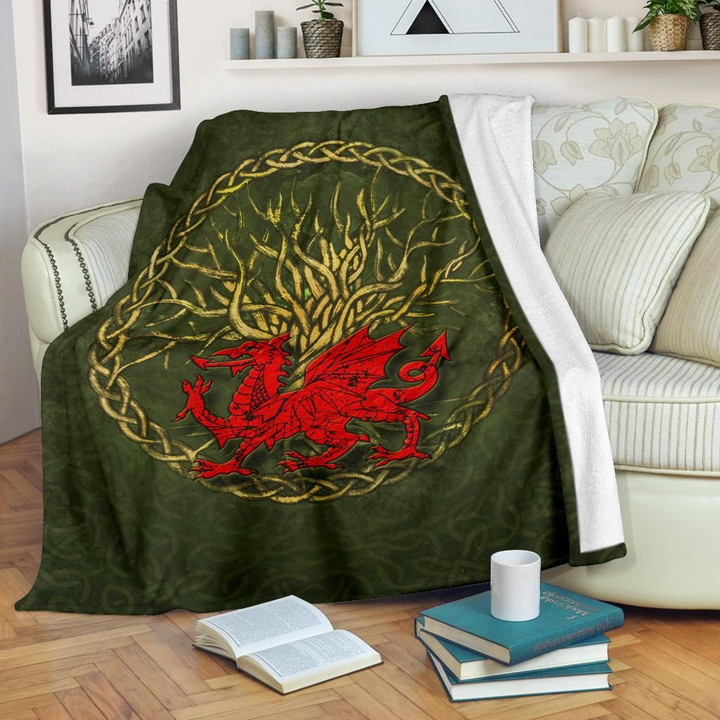Wales Celtic Premium Blanket - Welsh Dragon With Celtic Tree