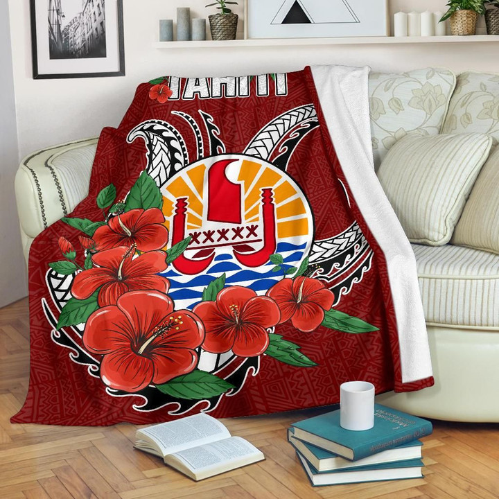 Tahiti Polynesian Premium Blanket - Hibiscus Coat of Arm Red