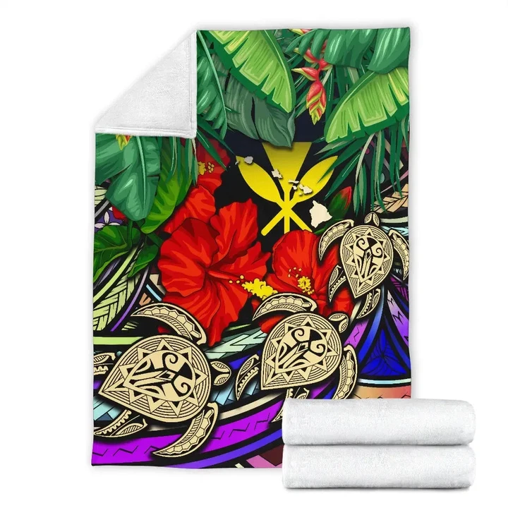 Kanaka Maoli (Hawaiian) Premium Blanket - Polynesian Turtle Colorful And Hibiscus