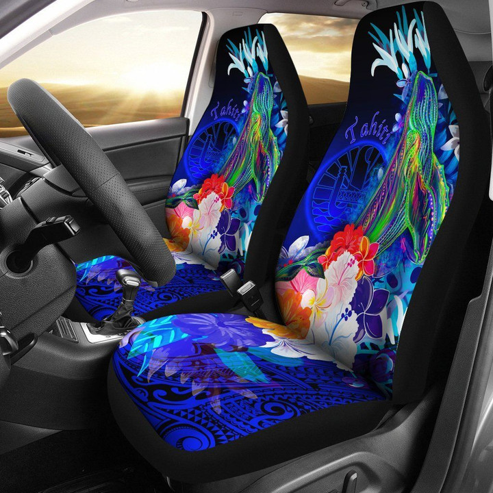 Tahiti Car Seat Covers - Humpback Whale with Tropical Flowers (Blue)
