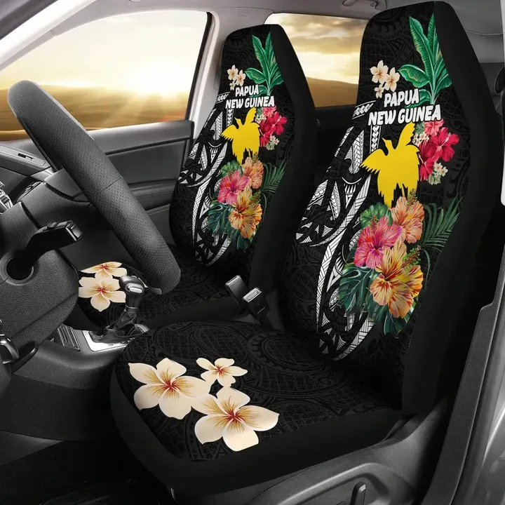 Papua New Guinea Car Seat Covers Coat Of Arms Polynesian With Hibiscus