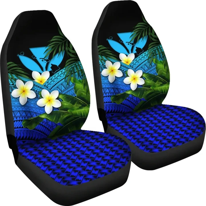 Kanaka Maoli (Hawaiian) Car Seat Covers, Polynesian Plumeria Banana Leaves Blue