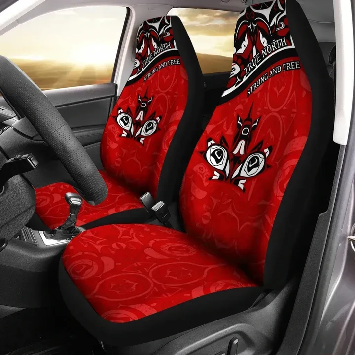 Canada Day Car Seat Covers - Haida Maple Leaf Style Tattoo Red
