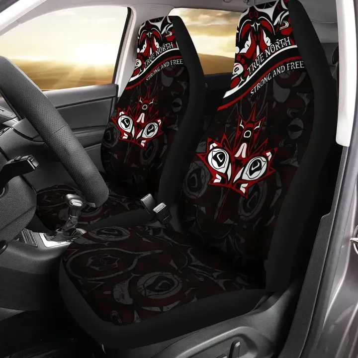 Canada Day Car Seat Covers - Haida Maple Leaf Style Tattoo Black