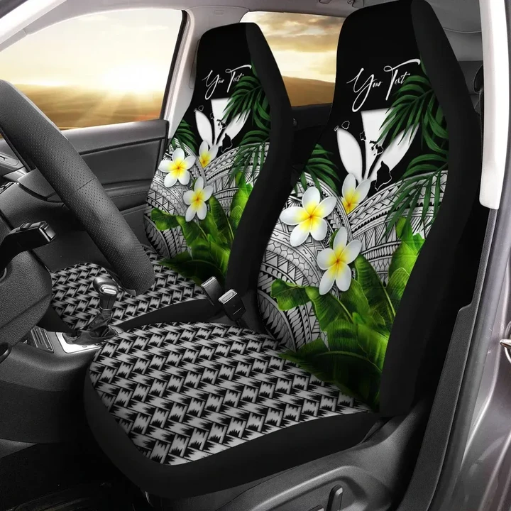 (Custom) Kanaka Maoli (Hawaiian) Car Seat Covers, Polynesian Plumeria Banana Leaves Gray Personal Signature