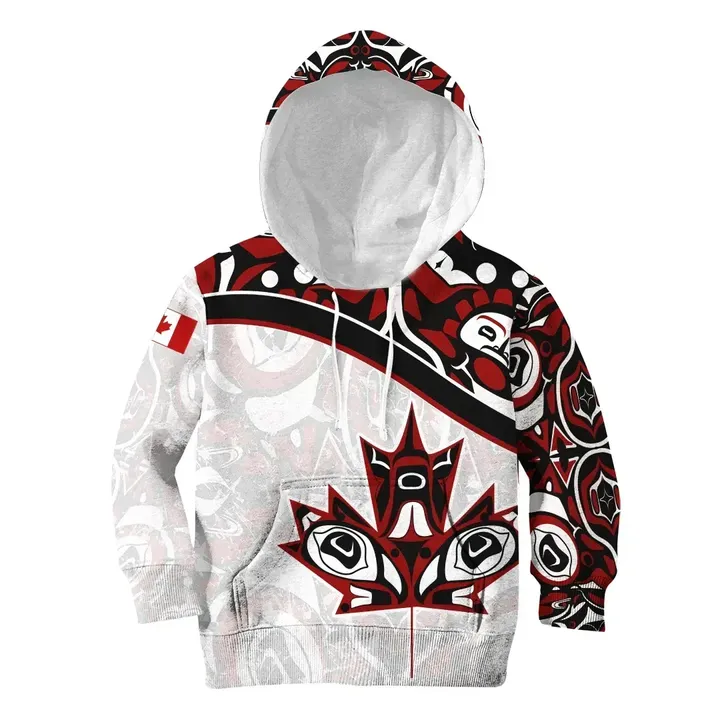 Canada Day Hoodie Kid, Haida Maple Leaf Style Tattoo White