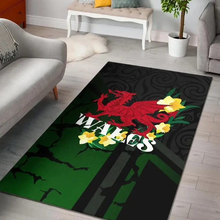 Wales Celtic Area Rug - The Y Ddraig Goch With Daffodil
