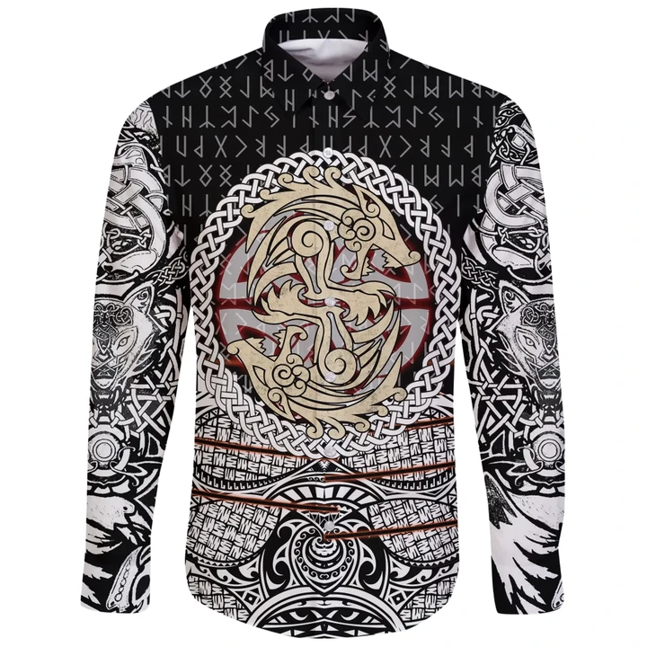 Viking Long Sleeve Button Shirt - Fenrir Vikings Tattoo Style 3D Style A27