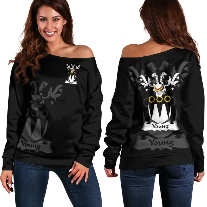 Young Family Crest Women's Off Shoulder Sweater