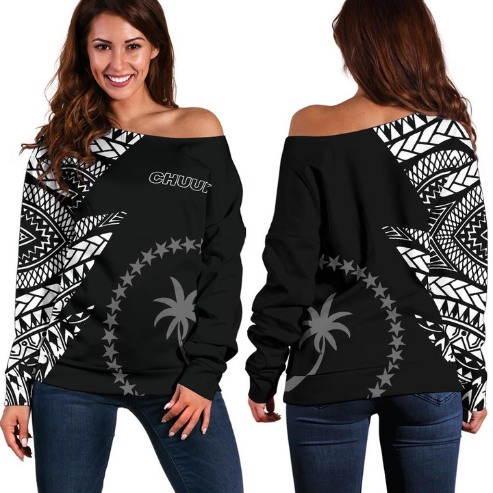 Chuuk Pattern Women's Off Shoulder Sweater , Black Style , Fsm , Bn912