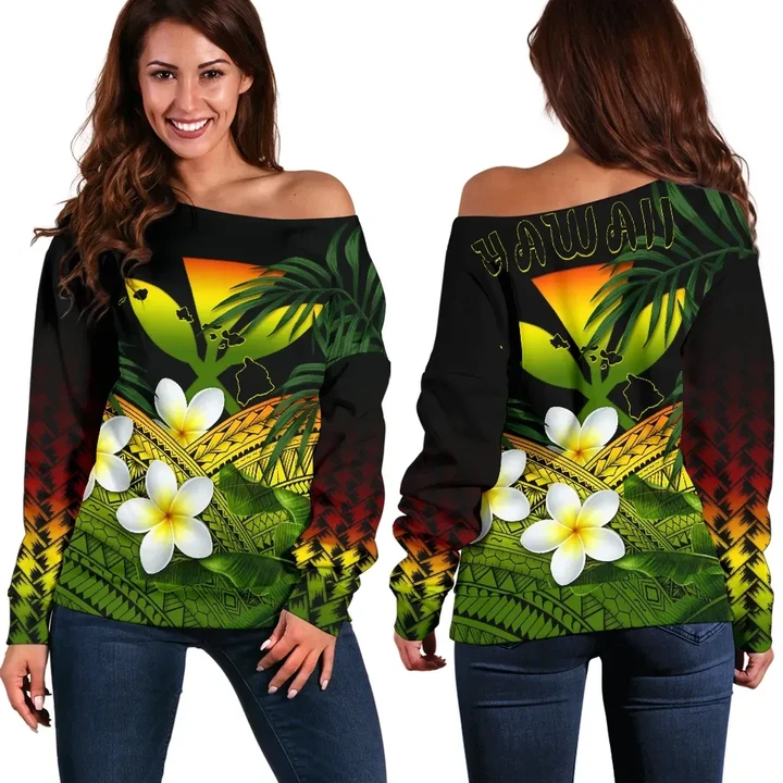 Kanaka Maoli (Hawaiian) Women's Off Shoulder Sweater, Polynesian Plumeria Banana Leaves Reggae