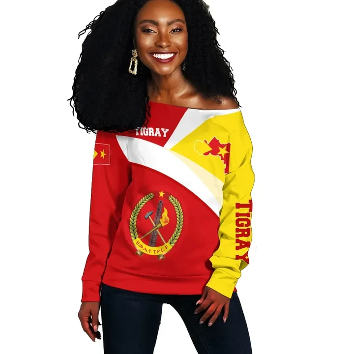 1stTheWorld Tigray Off Shoulder Sweater, Tigray Flag Maps Red