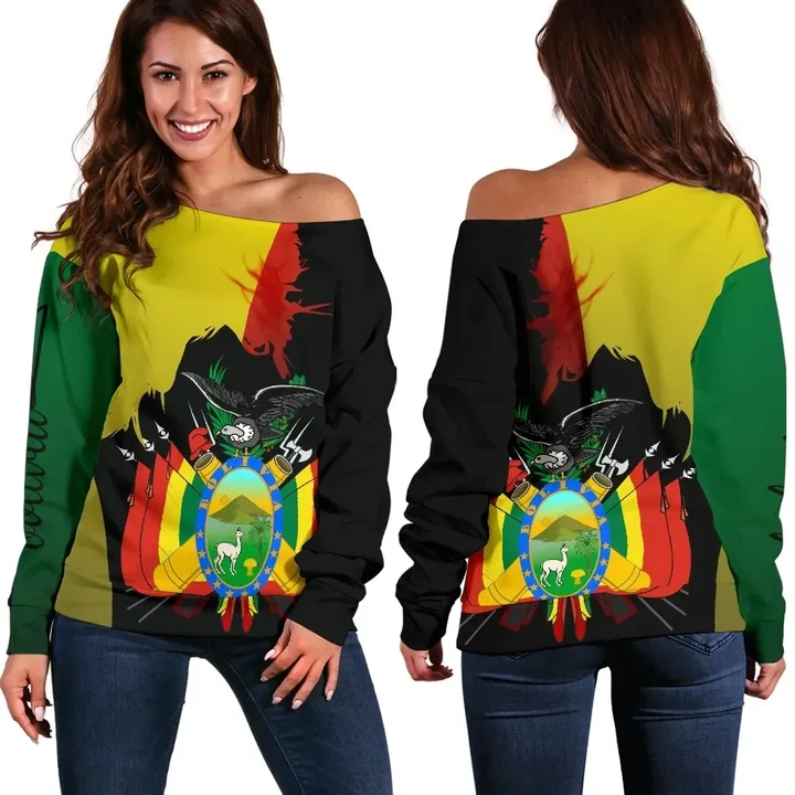 Bolivia Flag,Coat of Arms Off Shoulder Sweater