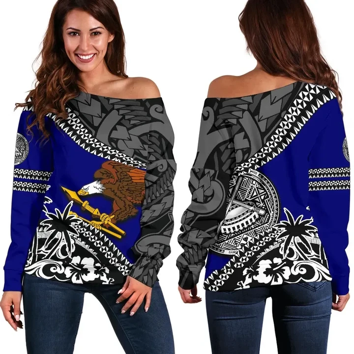 American Samoa Off Shoulder Sweater Fall In The Wave