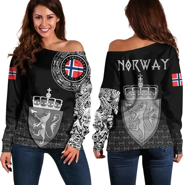 Viking Style Off Shoulder Sweater , Norway Coat Of Arms