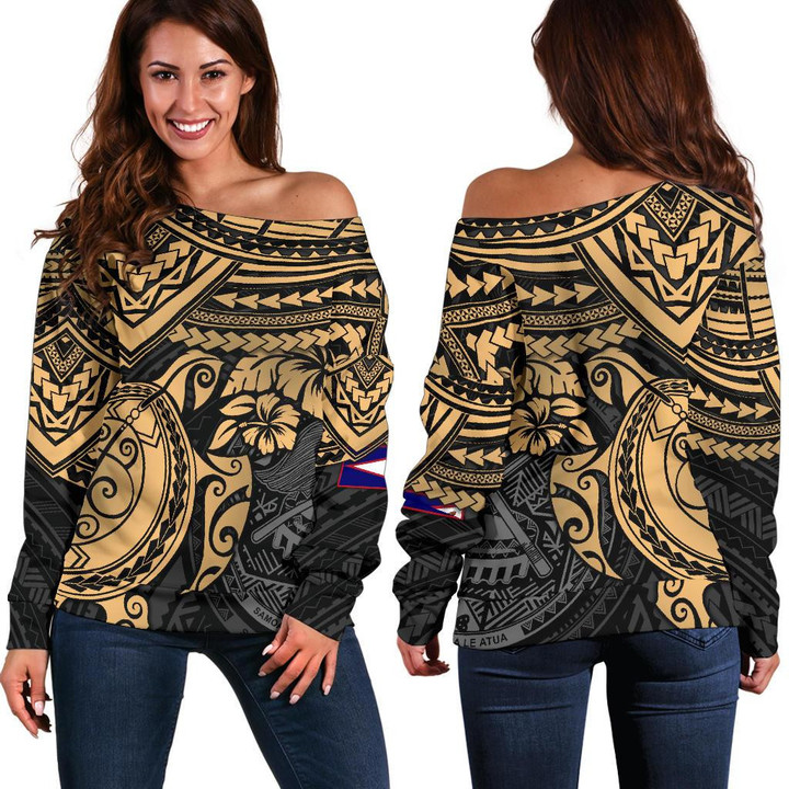American Samoa Polynesian Women's Off Shoulder Sweater , Gold Turtle