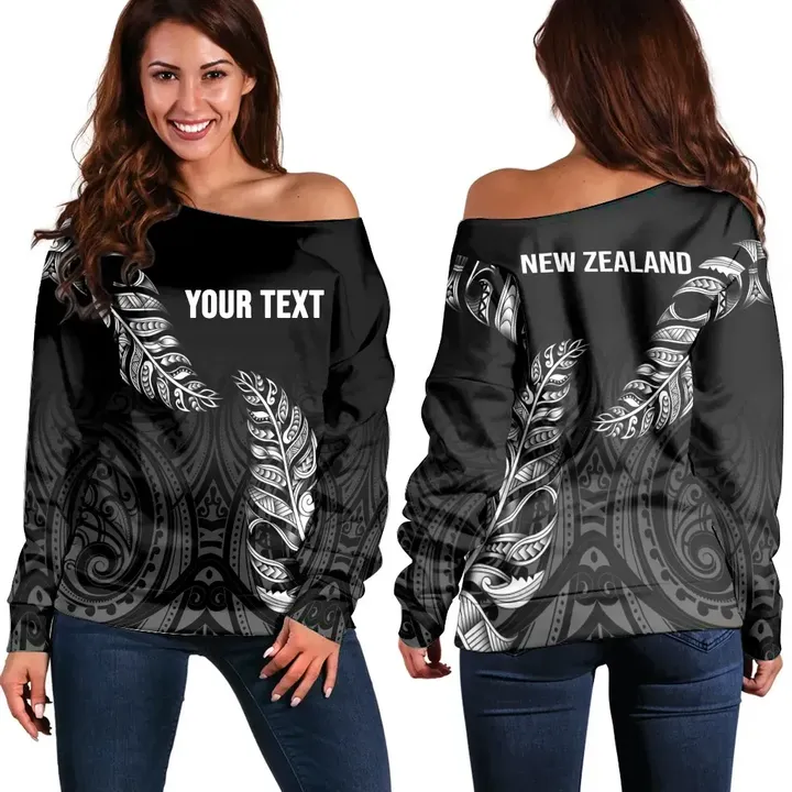1stTheWorld Custom Aotearoa New Zealand , Maori Silver Fern Off Shoulder Sweaters Black