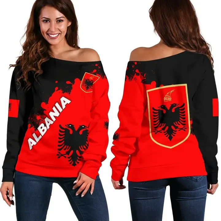 Albania Women Off Shoulder Sweater Red Braved Version