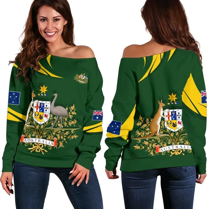 1stTheWorld Australia Women's Off Shoulder Sweater, Australia Coat Of Arms Green
