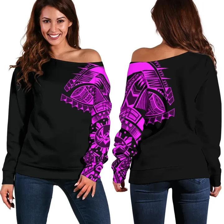Polynesian Chest Tattoo Off Shoulder Sweater Pink