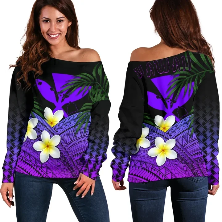 Kanaka Maoli (Hawaiian) Women's Off Shoulder Sweater, Polynesian Plumeria Banana Leaves Purple