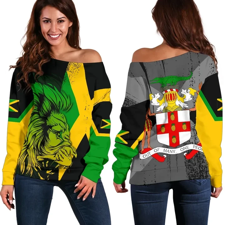 Jamaica Lion Flag And Coat Of Arm Women's Off Shoulder Sweater ,