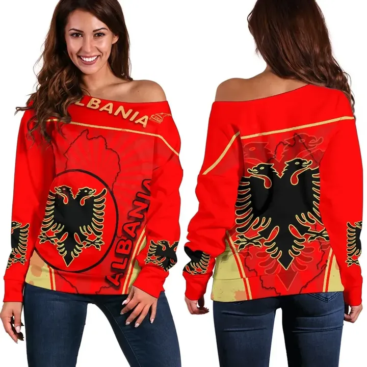 Albania Women Off Shoulder Sweater Circle Stripes Flag Version