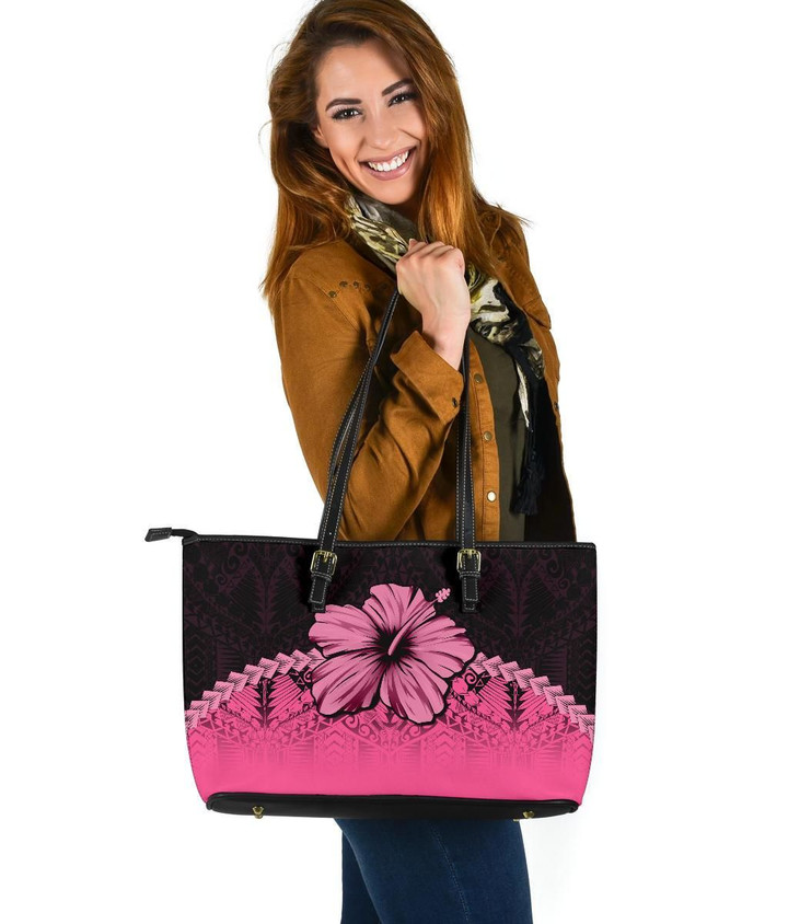 Polynesian Leather Tote Bag Hibiscus Pink