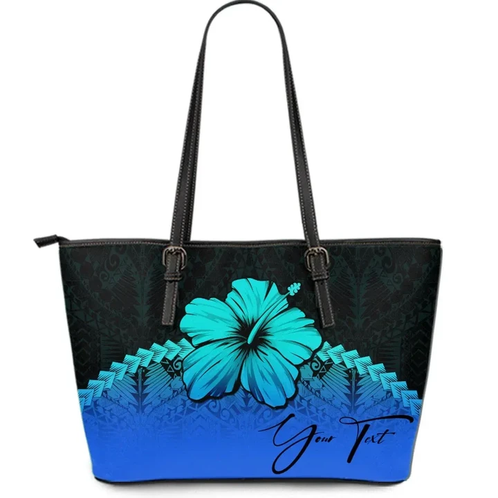 (Custom) Polynesian Leather Tote Bag Hibiscus Personal Signature Blue