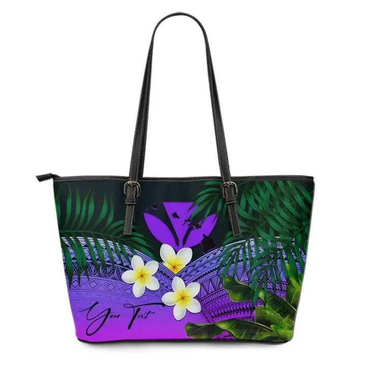 (Custom) Kanaka Maoli (Hawaiian) Leather Tote Bag, Polynesian Plumeria Banana Leaves Purple Personal Signature