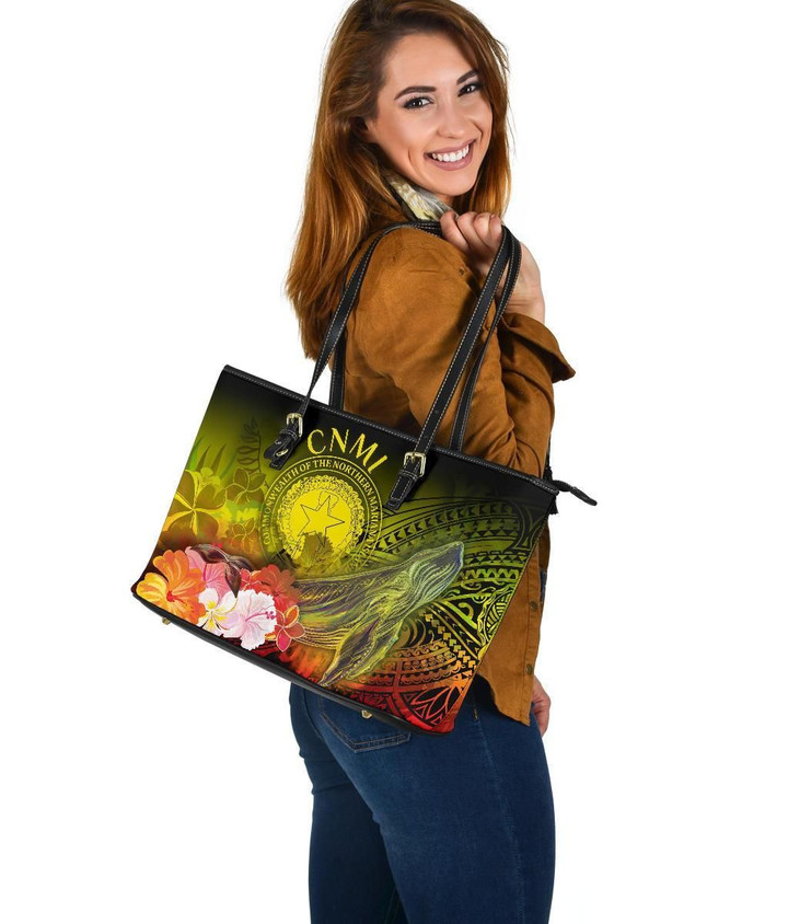 CNMI Leather Tote Bag , Humpback Whale with Tropical Flowers (Yellow)
