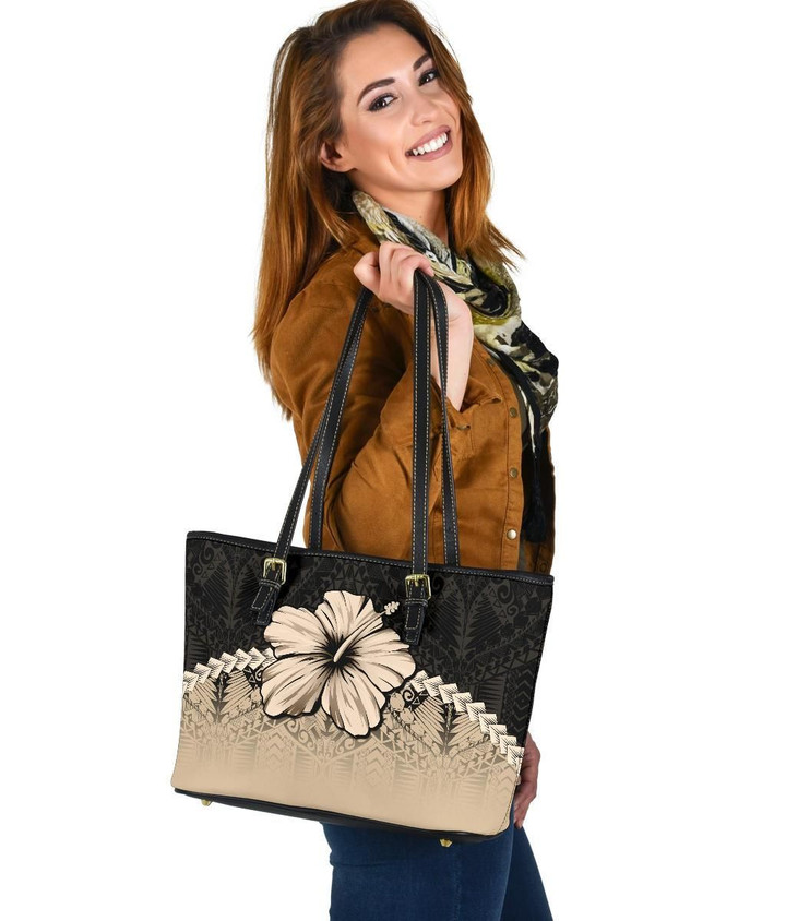 Polynesian Leather Tote Hibiscus Gold