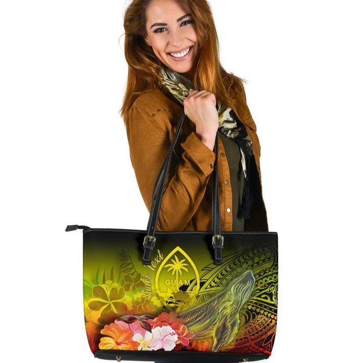 Guam Custom Personalised Leather Tote Bags , Humpback Whale with Tropical Flowers (Yellow)