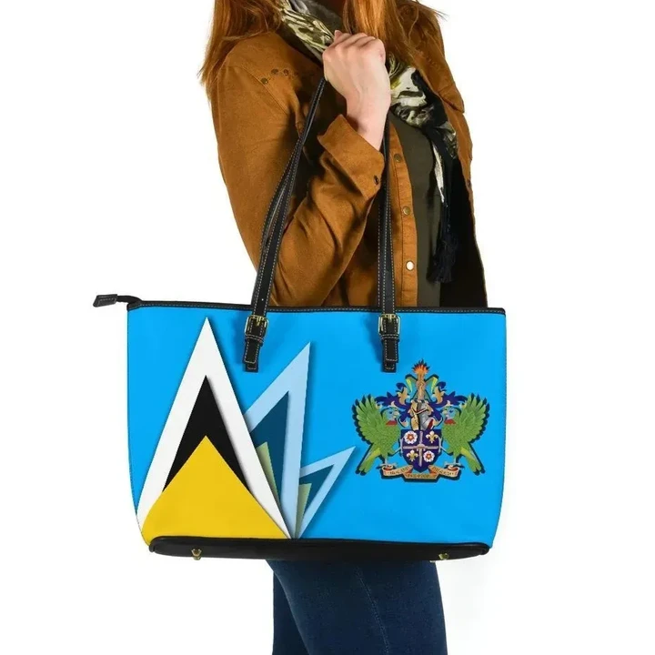 Saint Lucia Leather Tote Bag , Flag With Coat Of Arms