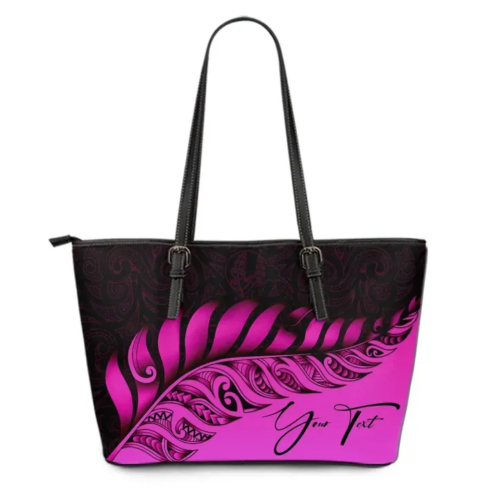 (Custom) New Zealand Leather Tote Bag Silver Fern Kiwi Personal Signature Pink