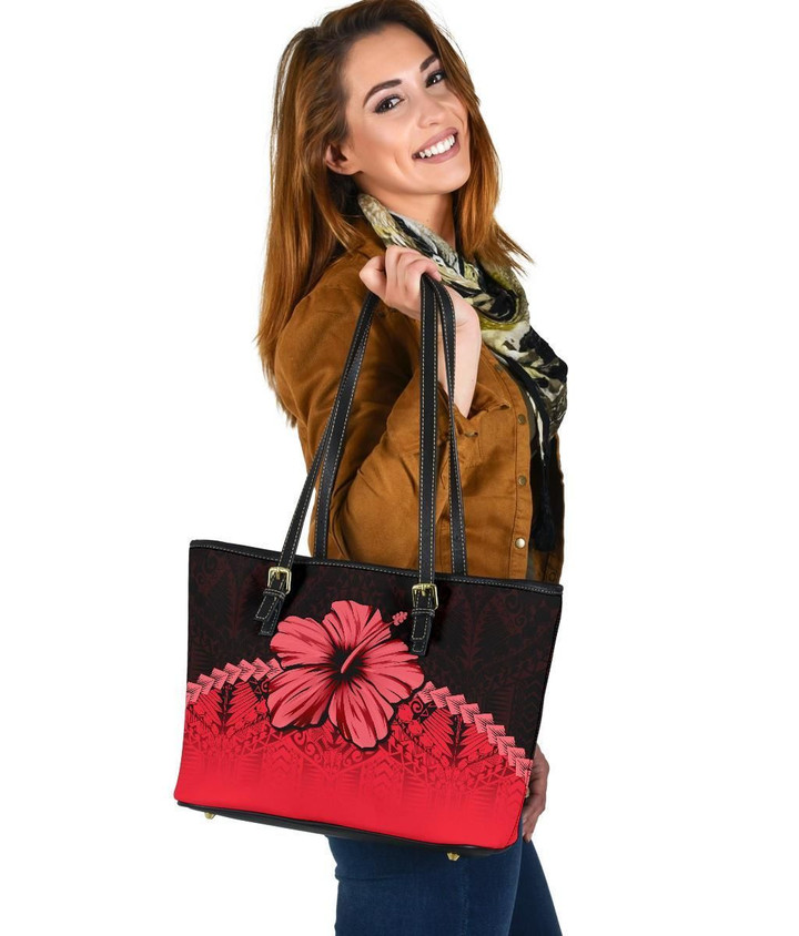 Polynesian Leather Tote Bag Hibiscus Red