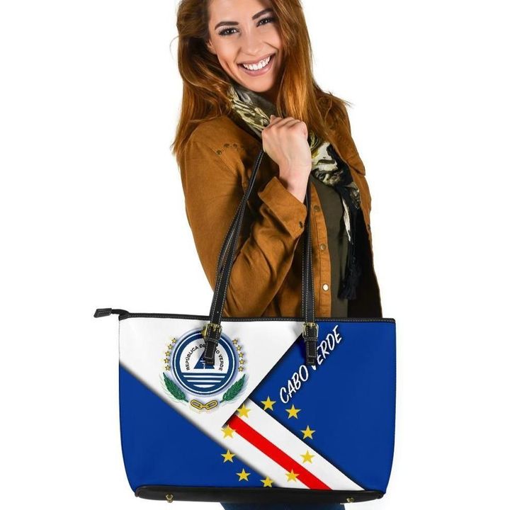 Cabo Verde Larg Leather Tote Bag , Cabo Verde Flag And Coat Of Arms