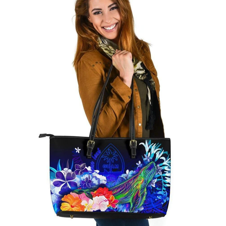 Guam Custom Personalised Laarge Leather Totes Bags , Humpback Whale with Tropical Flowers (Blue)