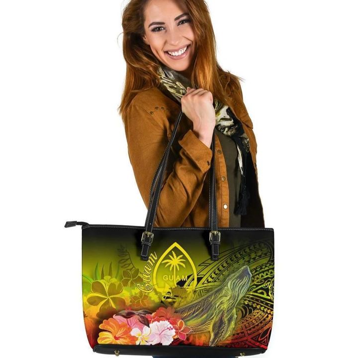 Guam Leather Tote Bag , Humpback Whale with Tropical Flowers (Yellow)