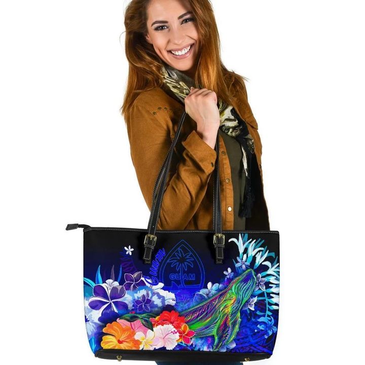 Guam Leather Tote Bag , Humpback Whale with Tropical Flowers (Blue)