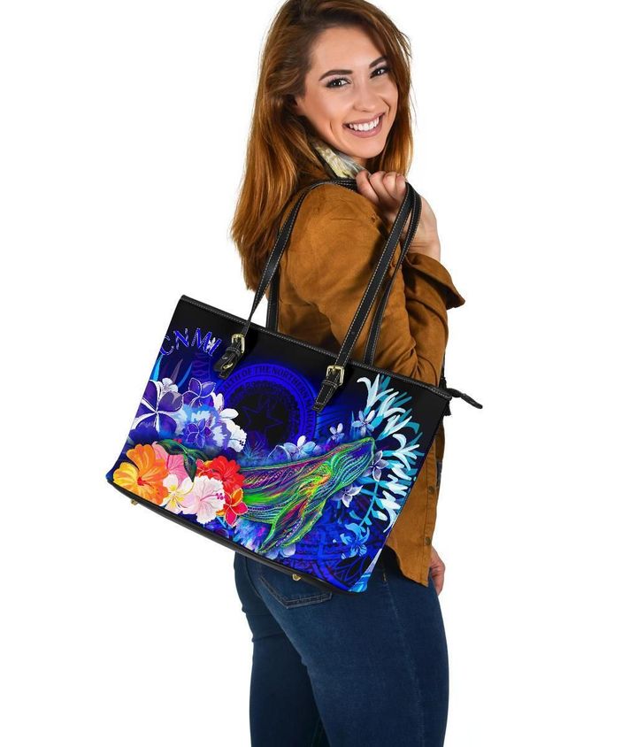 CNMI Leather Tote Bag , Humpback Whale with Tropical Flowers (Blue)