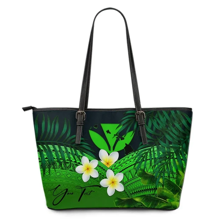 (Custom) Kanaka Maoli (Hawaiian) Leather Tote Bag, Polynesian Plumeria Banana Leaves Green Personal Signature