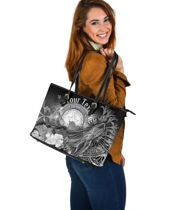 CNMI Custom Personalised Leather Tote Bag , Humpback Whale with Tropical Flowers (White)