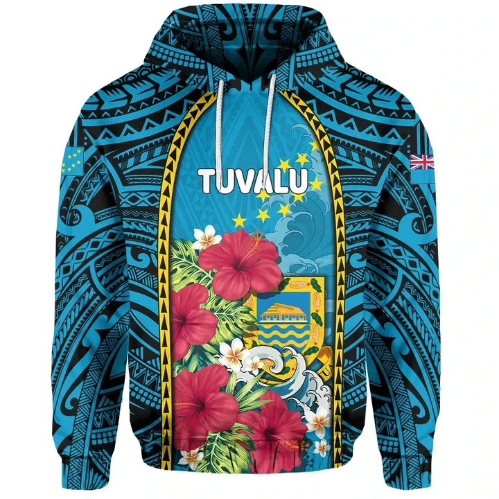 Hoodie Tuvalu Coat Of Arms Polynesian With Hibiscus And Waves Th65