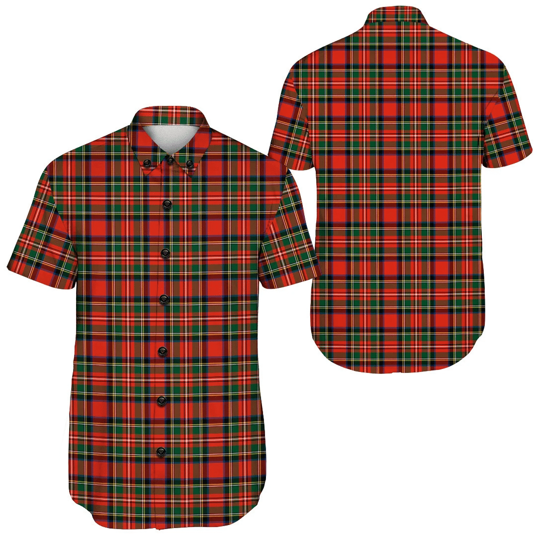 1sttheworld Shirt - Stewart Royal Modern Tartan Short Sleeve Shirt A7 | 1stScotland.com