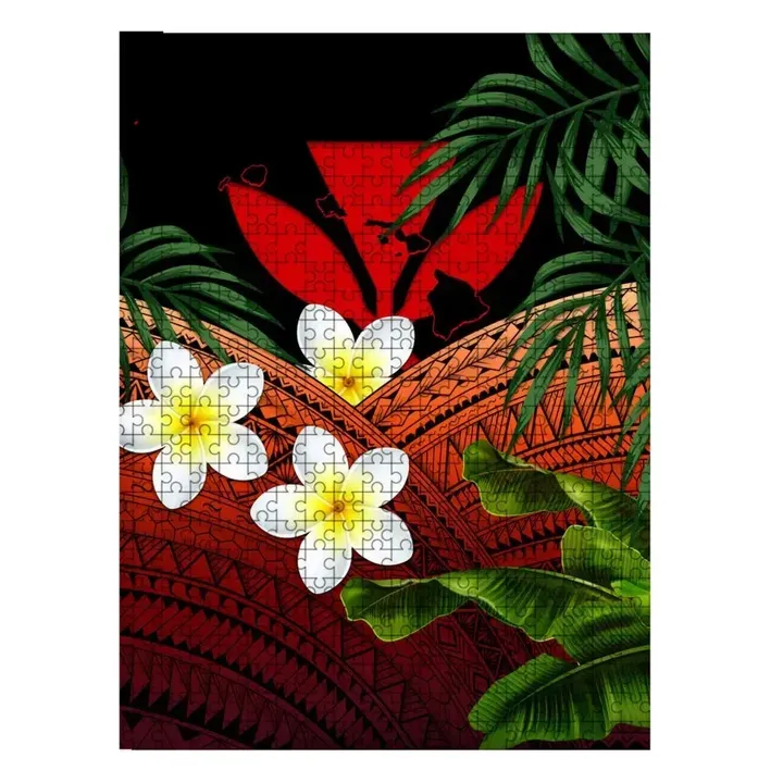 Kanaka Maoli (Hawaiian) Wood Puzzle, Polynesian Plumeria Banana Leaves Red